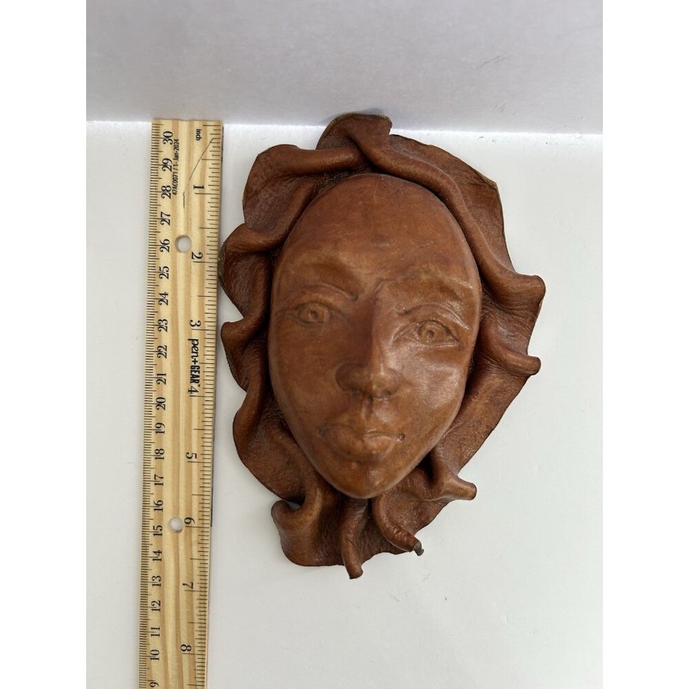 Vintage Leather Molded Hand-Tooled Tribal Face Art Mask Brown Wall Hanging Decor - Picture 2 of 8